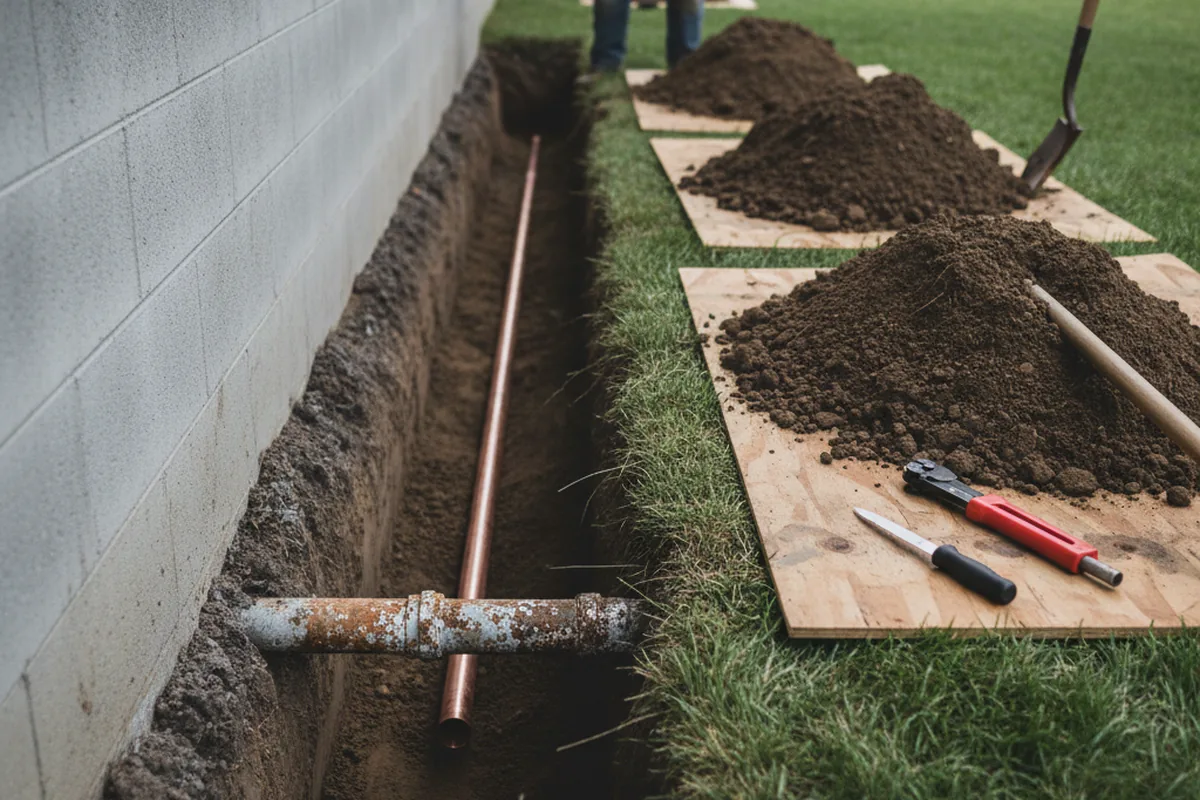 Excavated water line trench during Water Softener Installation in Arvin